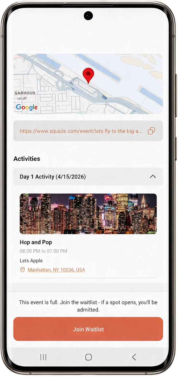A public event's day-by-day activities and waitlist