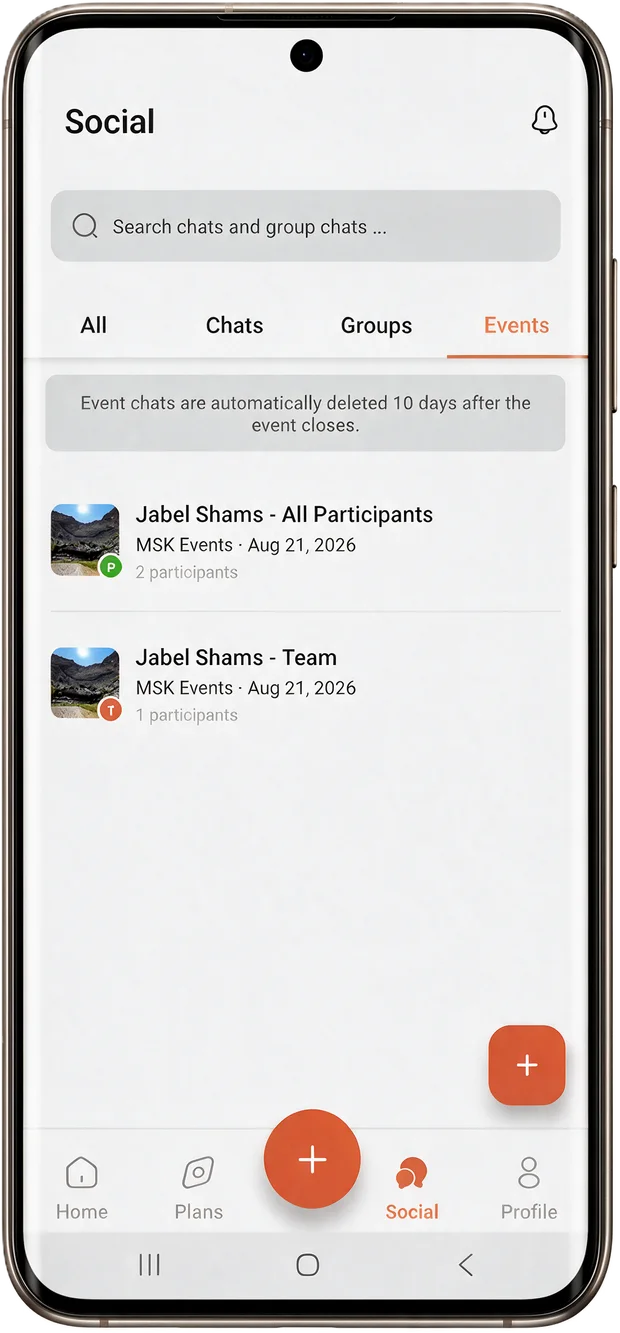 The Events tab, showing chats created automatically for each event