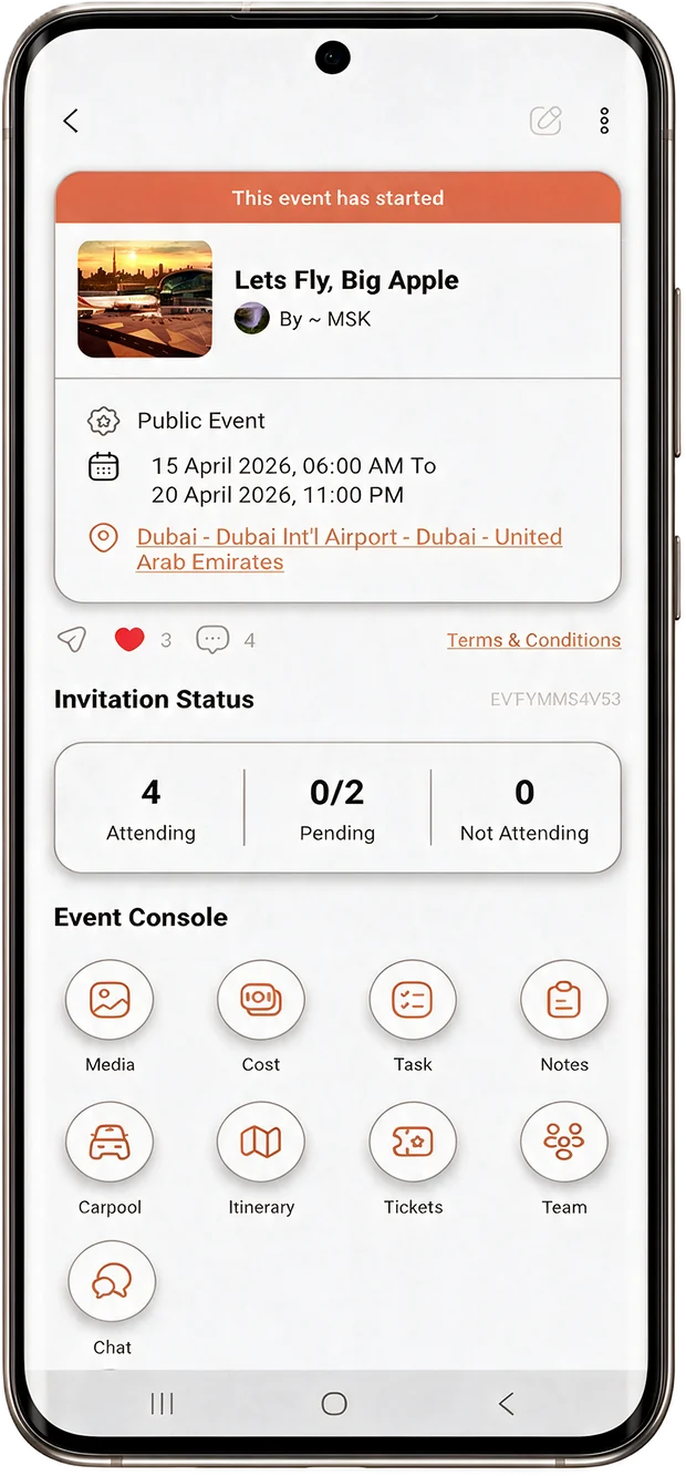 The Squicle event console, showing who is attending and shortcuts to media, cost, tasks, carpool, tickets and chat